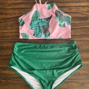 Pink & Green Leaf Print 2-Piece Swimsuit